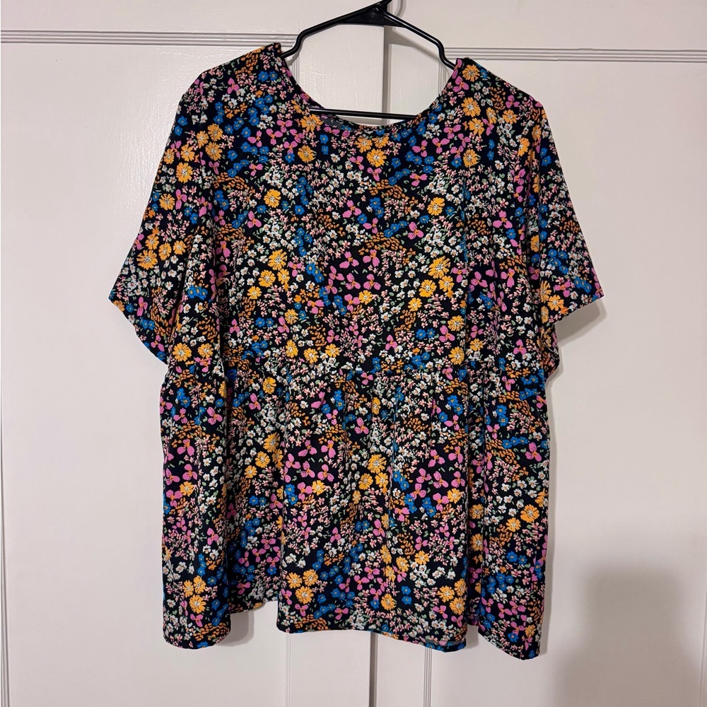 Floral Babydoll Short-Sleeve Top - Black/Pink/Blue/Yellow